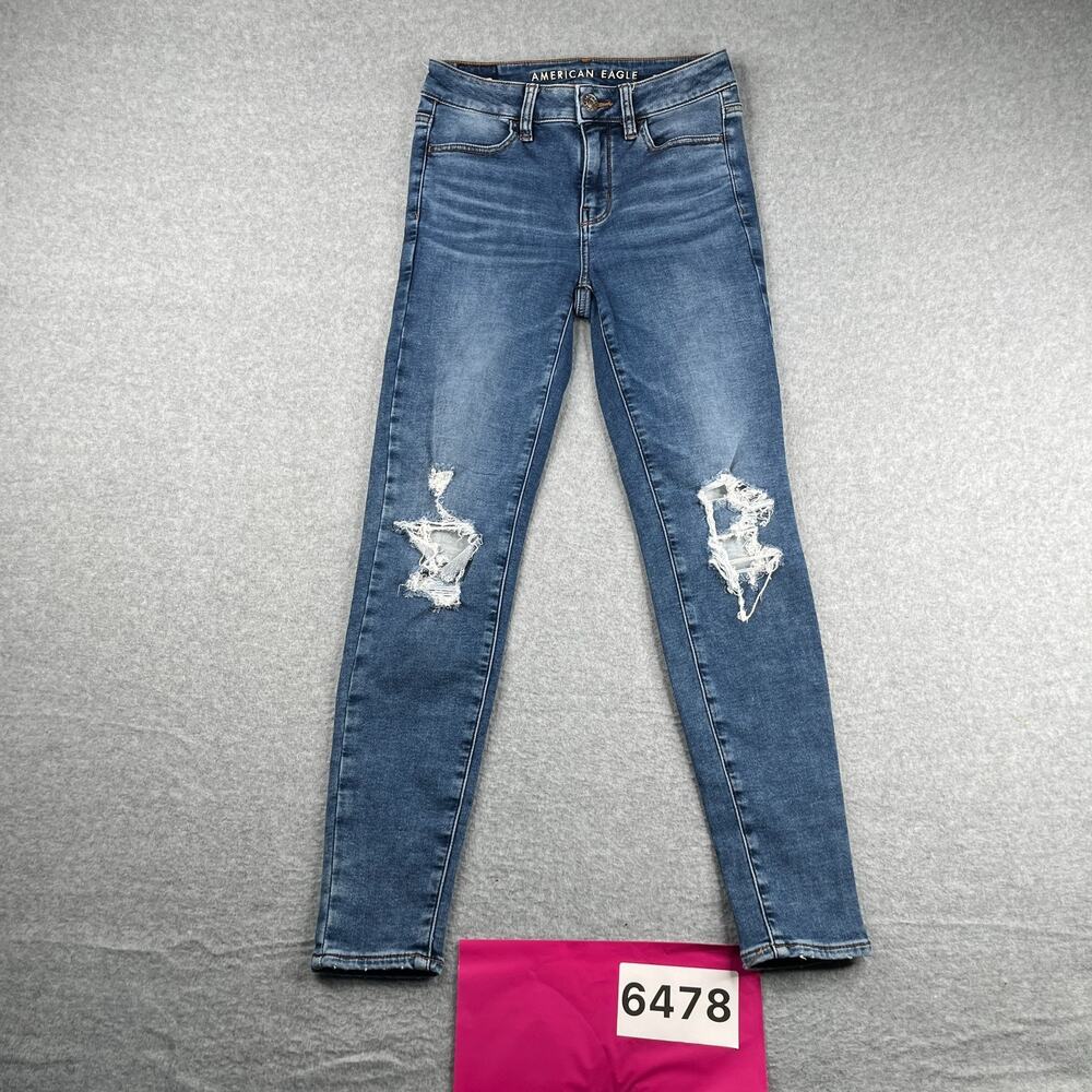 American Eagle Next Level Stretch Jeans Hi Rise Jeggings Blue Distressed size 4